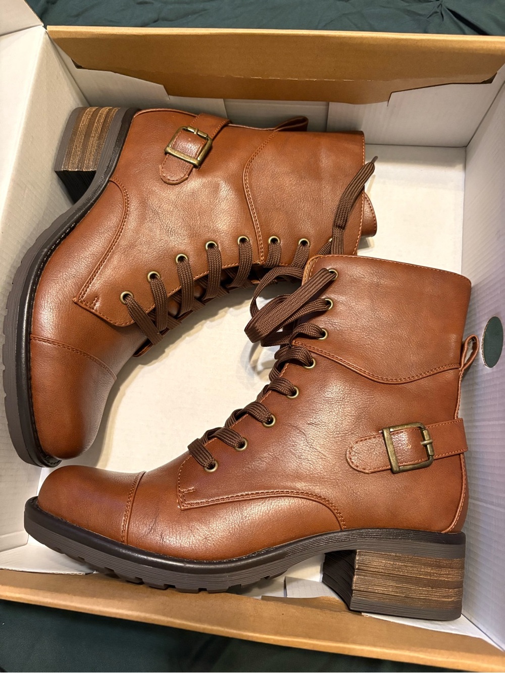 Indigo Cognac Brown Lace-Up Leather-Style Boots with Side Buckle - Picture 1 of 6